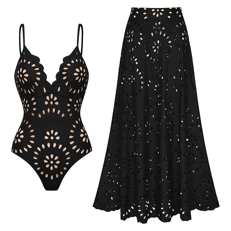 Women’s Sexy One Piece Swimsuit with Matching Swim Long Skirt