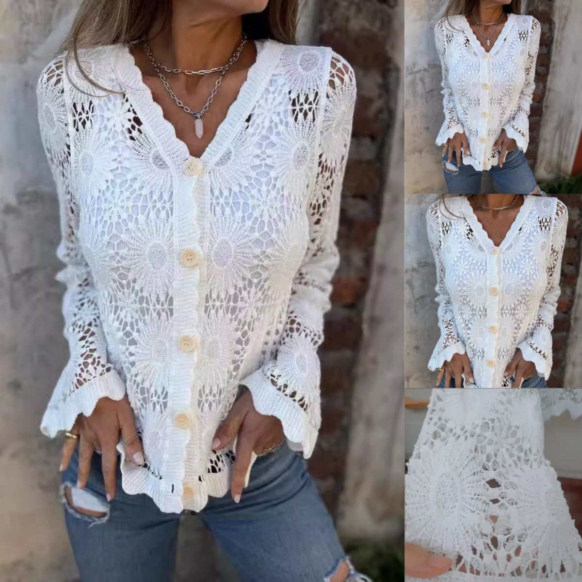 🌸Summer Hot Sale 50%OFF🌸Women's Lace V-Neck Long Sleeve Top