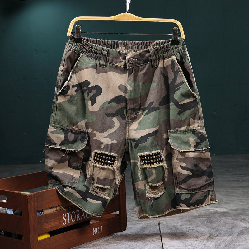 π Men's Studded Camo Cargo Shorts β Ripped Design, Gold Stud Accents & Multi-Pocket Utility