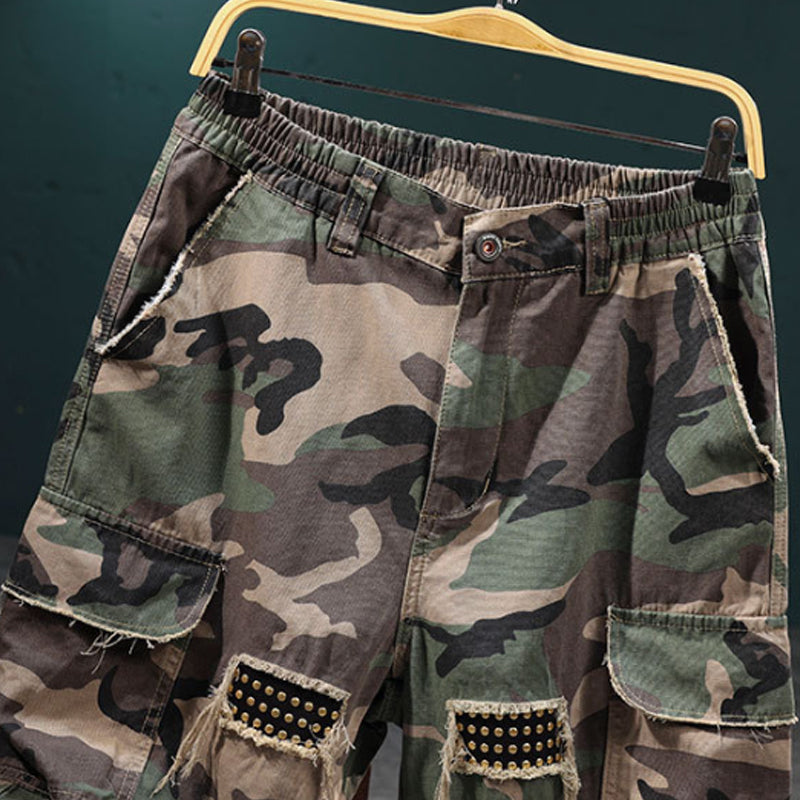 π Men's Studded Camo Cargo Shorts β Ripped Design, Gold Stud Accents & Multi-Pocket Utility