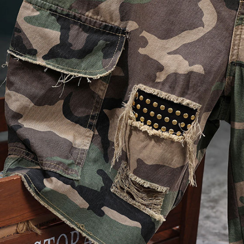 π Men's Studded Camo Cargo Shorts β Ripped Design, Gold Stud Accents & Multi-Pocket Utility
