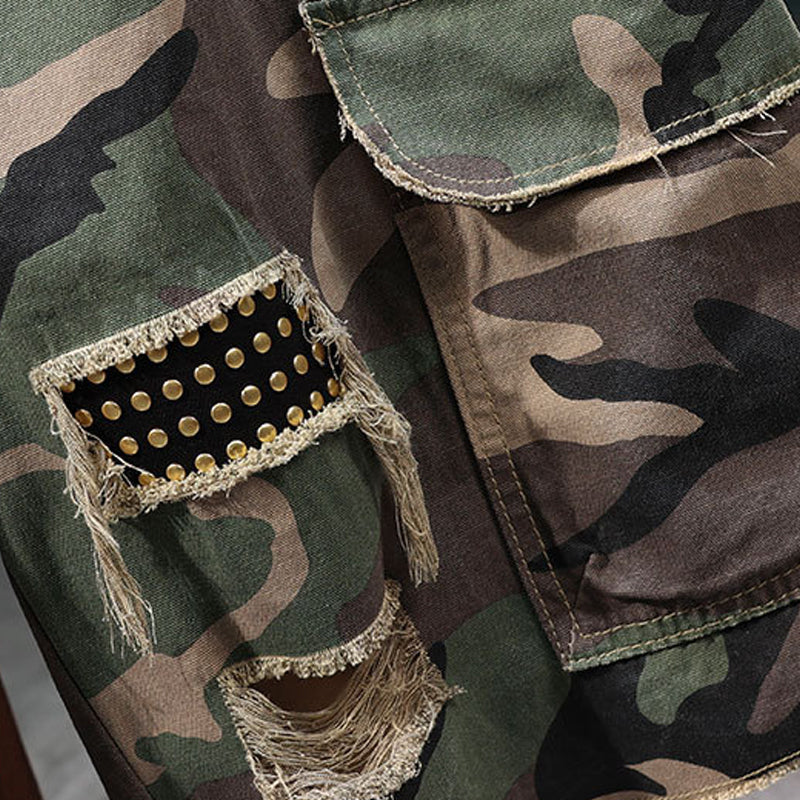 π Men's Studded Camo Cargo Shorts β Ripped Design, Gold Stud Accents & Multi-Pocket Utility